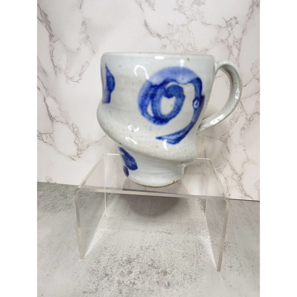 Vintage Blue Grey Salt Glazed Hand Thrown Art Pottery Mug Abstract Signed GR - Picture 3 of 10